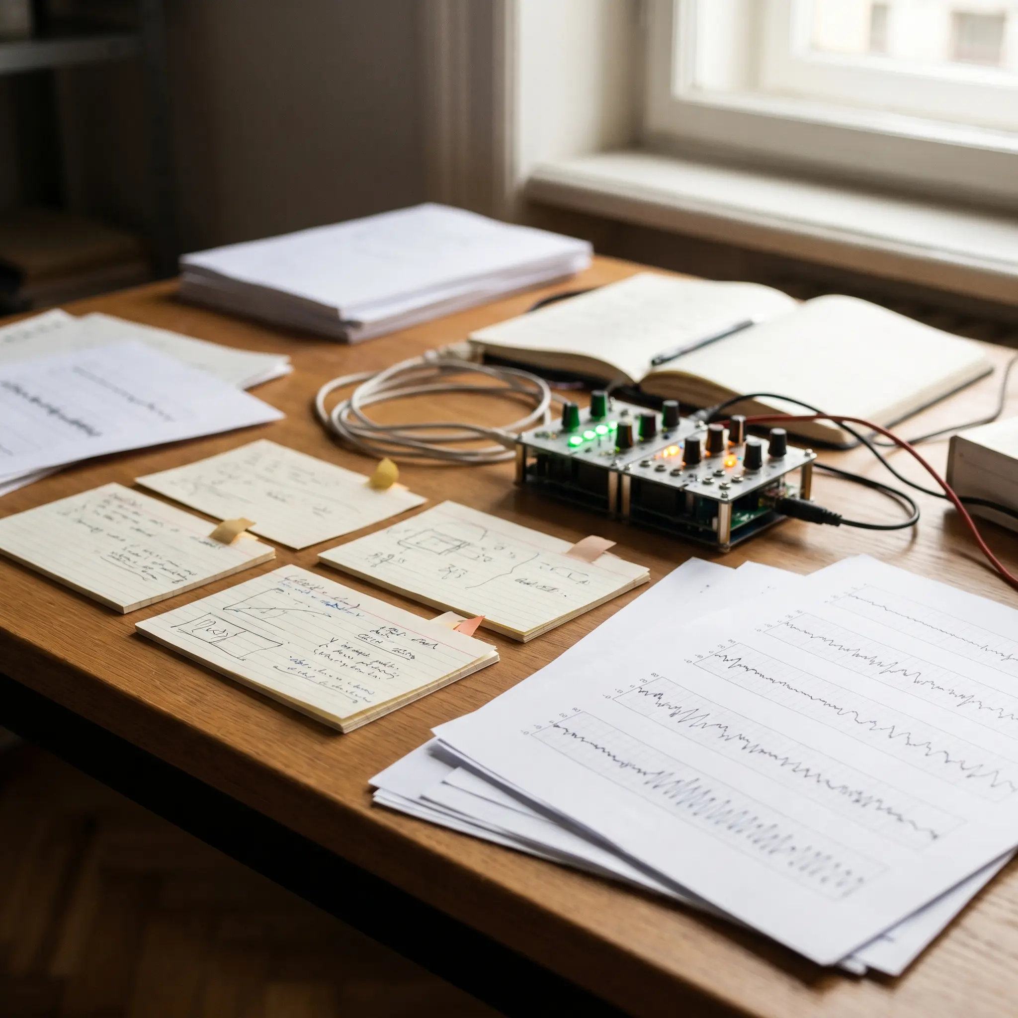 A practical research-note desk with signal traces and annotated cards