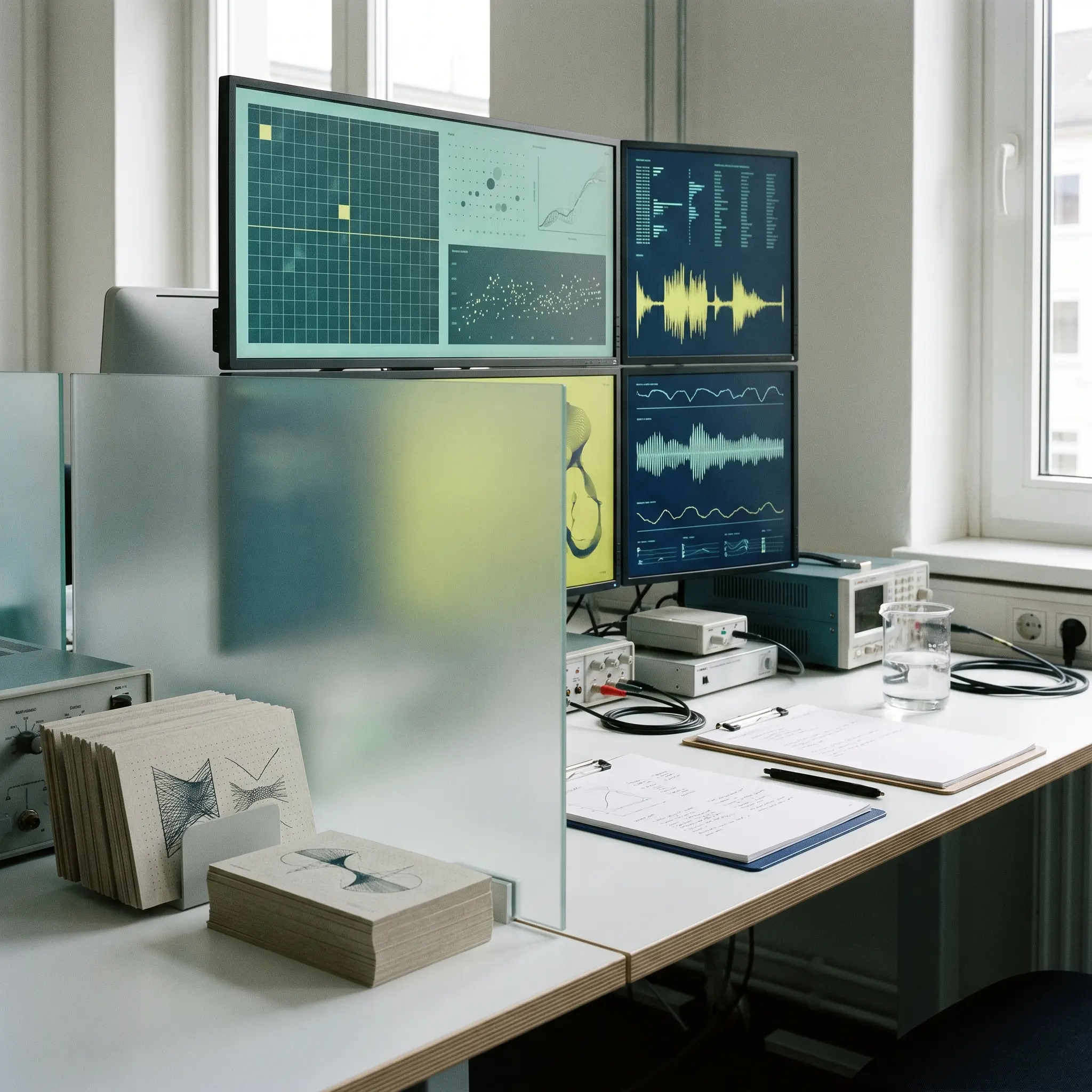 A compact European digital knowledge lab with modular screens and research notes